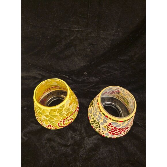 Mosaic Home Interiors Glass Candle Globes With Yellow & Red Tile Designs - Picture 2 of 8
